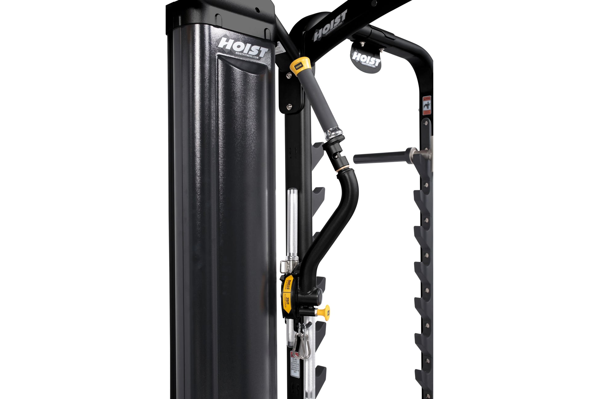 Hoist MI7 Smith functional trainer with black frame, yellow accents, and weight stack on white background