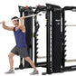 Man using black Hoist MI7 functional trainer with cable attachment, demonstrating exercise form on white background