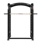 Black Hoist Smith Machine with curved top bar, stainless steel rails, and weight plate pegs on vertical frame, on white backg