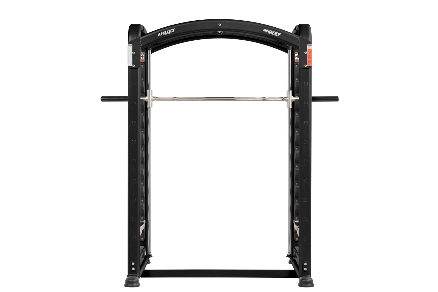 Black Hoist Smith Machine with curved top bar, stainless steel rails, and weight plate pegs on vertical frame, on white backg