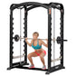 Black dual action Smith machine with chrome barbell, worn by model performing squat exercise on white background