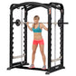 Black Hoist Smith machine with dual action arms, woman in teal sports bra and coral shorts using barbell, white background
