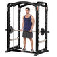 Hoist MiSmith Dual Action Smith Machine with male model demonstrating barbell exercise on white background