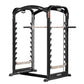 Black Hoist Smith Machine with dual squat stations, horizontal barbell, and adjustable weight pegs on white background