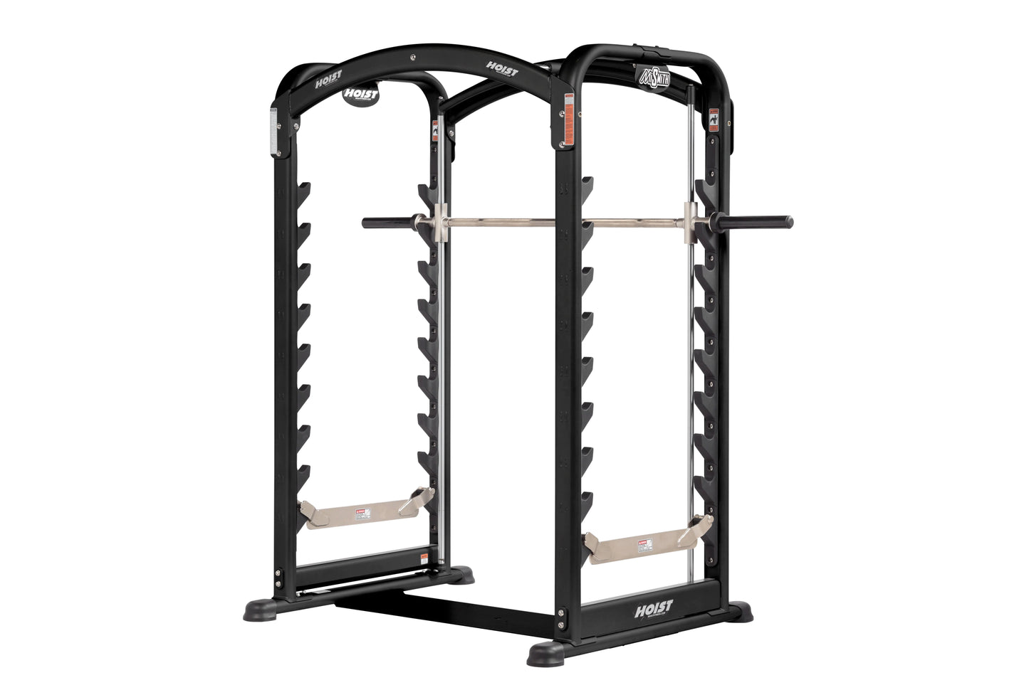 Black Hoist Smith Machine with dual squat stations, horizontal barbell, and adjustable weight pegs on white background