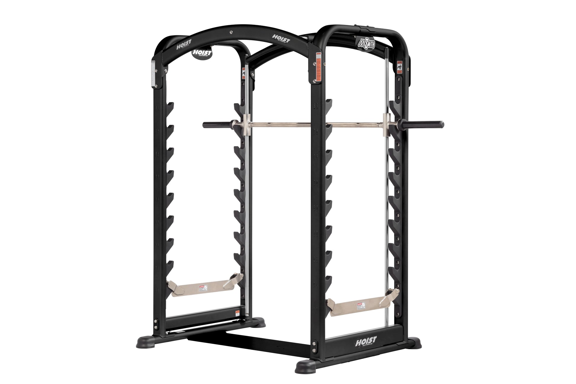 Black Hoist Smith Machine with dual squat stations, horizontal barbell, and adjustable weight pegs on white background