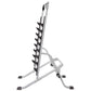 Silver and black multi-purpose squat rack with angled uprights, black safety catches, and wide stance base on white backgroun