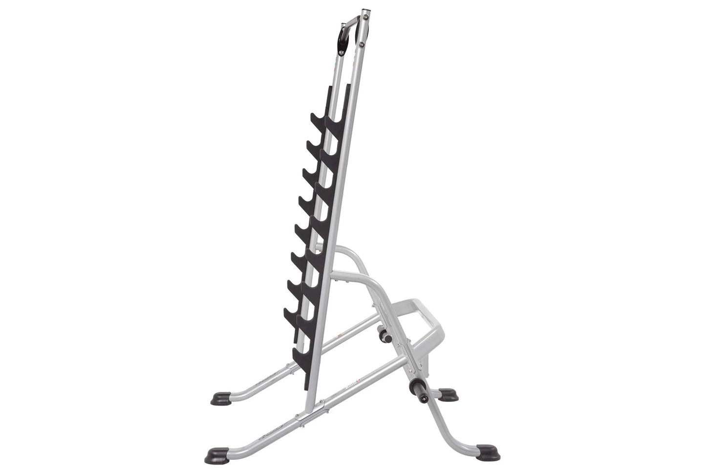 Silver and black multi-purpose squat rack with angled uprights, black safety catches, and wide stance base on white backgroun