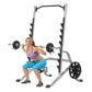 Silver and black multi-purpose squat rack with barbell and weight plates, shown with model performing squat exercise