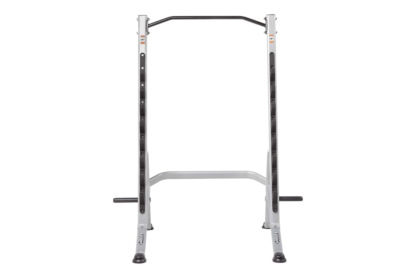 Hoist Multi-Purpose Squat Rack with silver uprights, black curved bar, and horizontal safety arms on white background