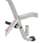 Silver and black multi-purpose squat rack with angled upright bars, foot pegs, and adjustment knobs on white background