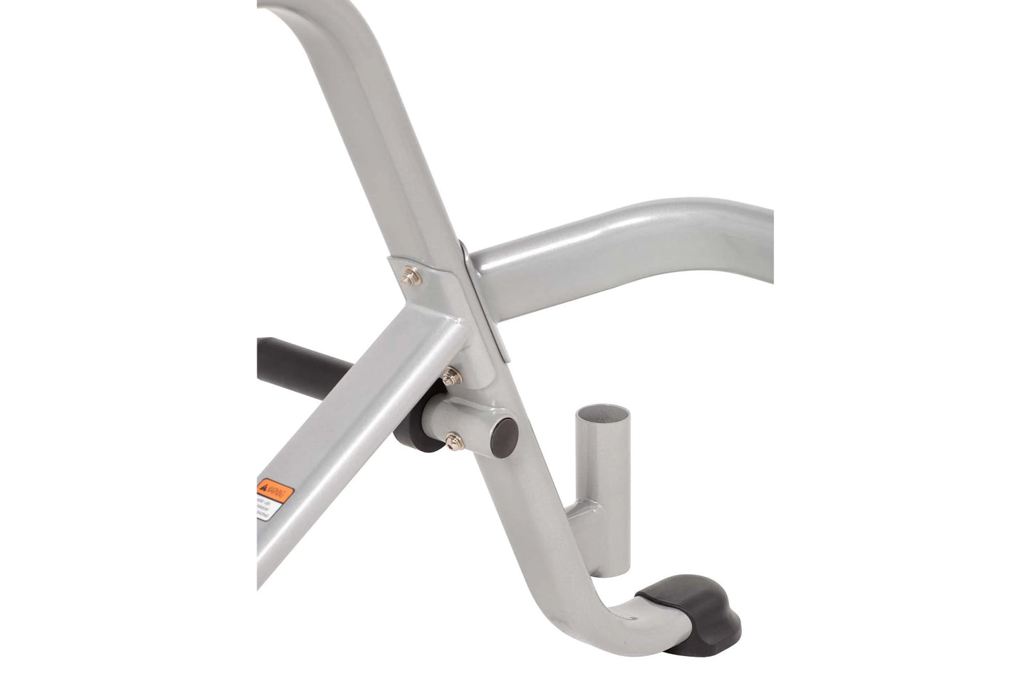 Silver and black multi-purpose squat rack with angled upright bars, foot pegs, and adjustment knobs on white background