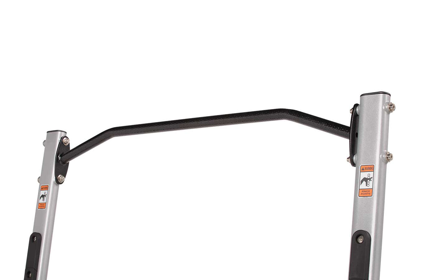 Silver and black multi-purpose squat rack with curved support bar, warning labels, and pinch-point indicators on white backgr