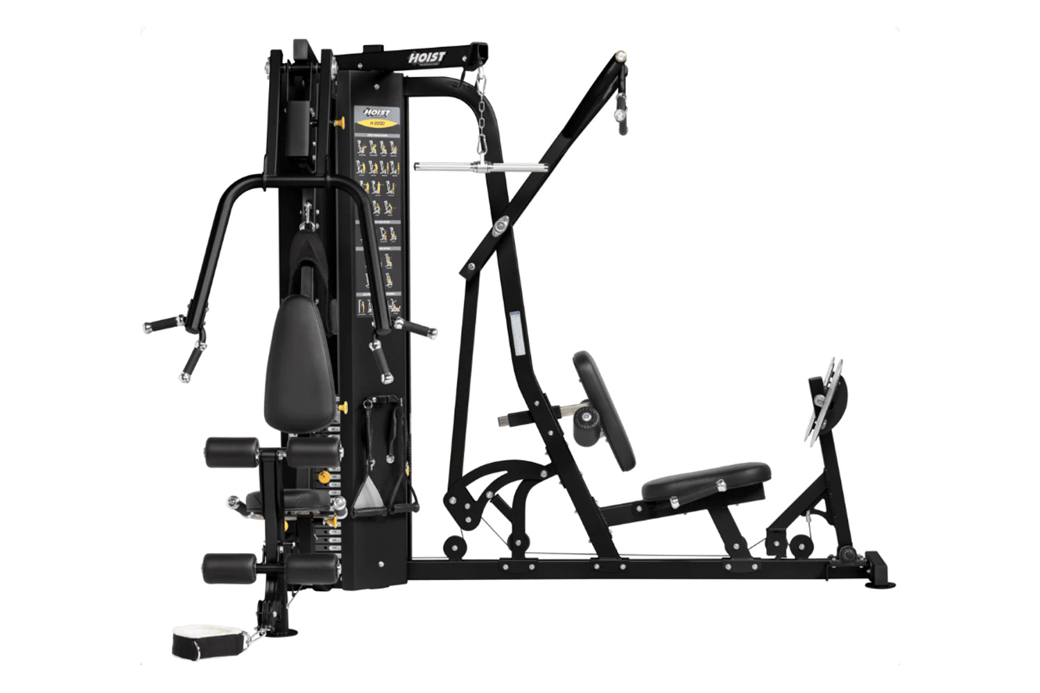 Black Hoist 2-Stack Multi Gym with weight stations, padded seats, and cable pulleys on white background