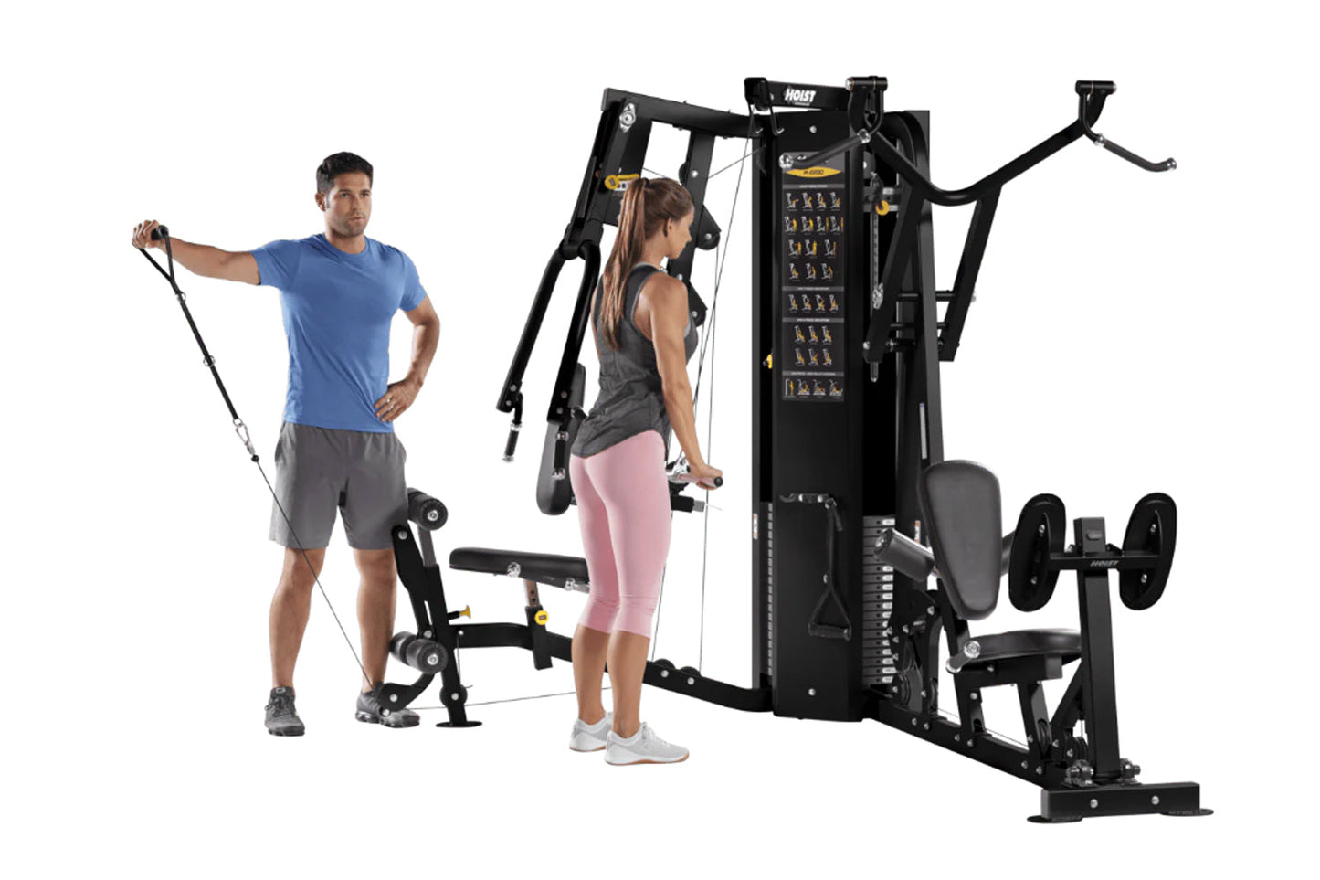 Black multi-gym with dual weight stacks and adjustable arms, shown with male and female models demonstrating cable exercises 