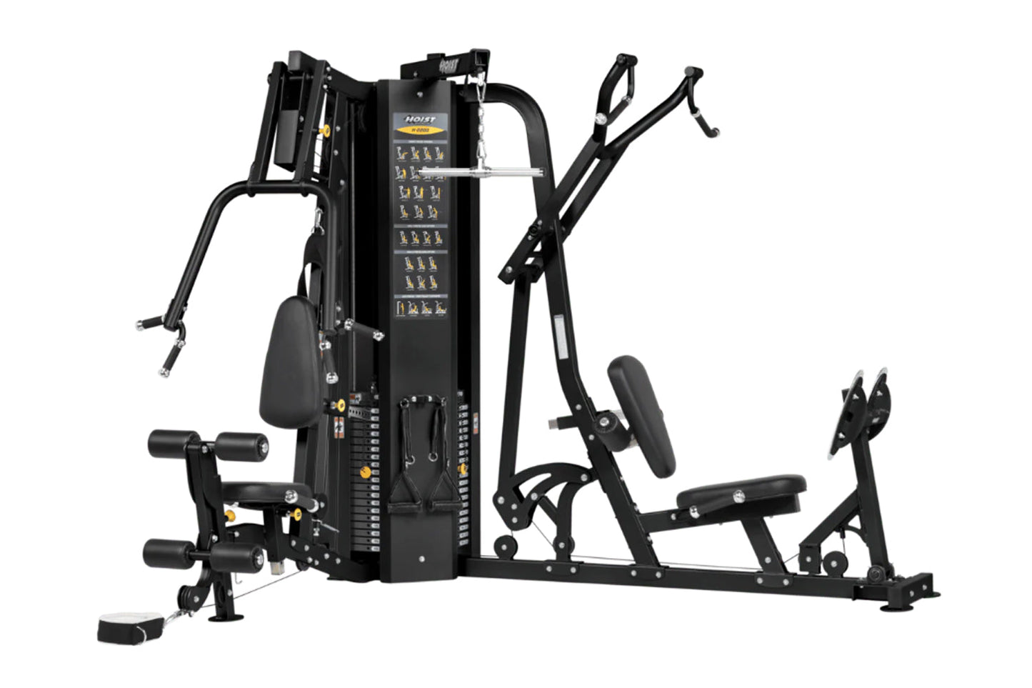 Hoist 2-Stack Multi Gym with black frame, dual weight stacks, and instruction decals on white background