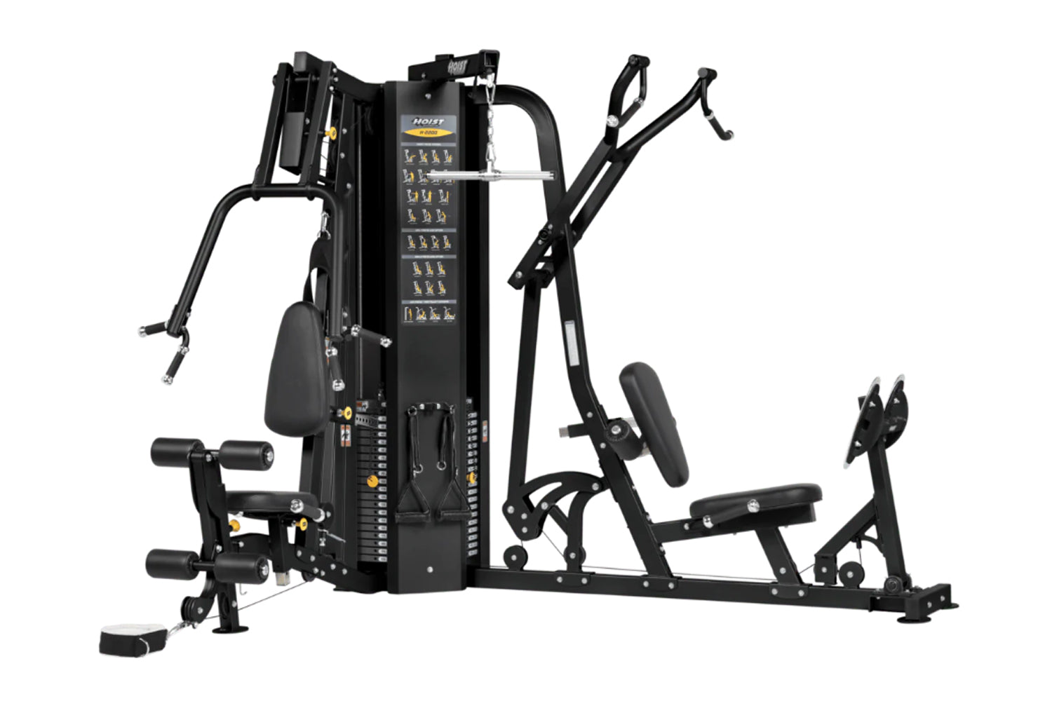 Hoist 2-Stack Multi Gym with black frame, dual weight stacks, and instruction decals on white background
