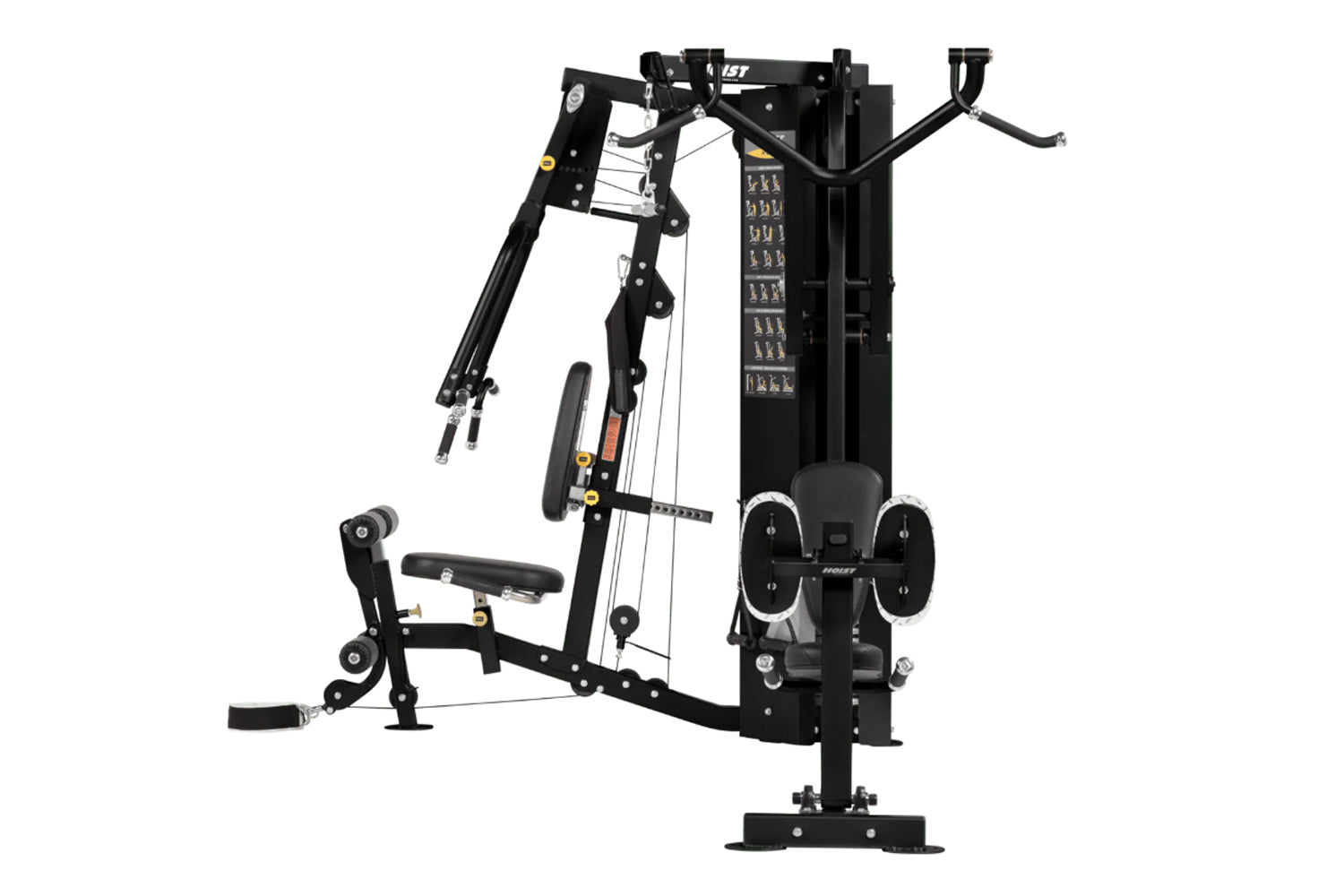 Black multi-stack gym machine with dual weight stations, cable pulleys, and leg press attachment on white background