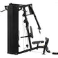 Black Hoist 2-Stack Multi Gym with cable machine, padded seat, and foot platform on white background