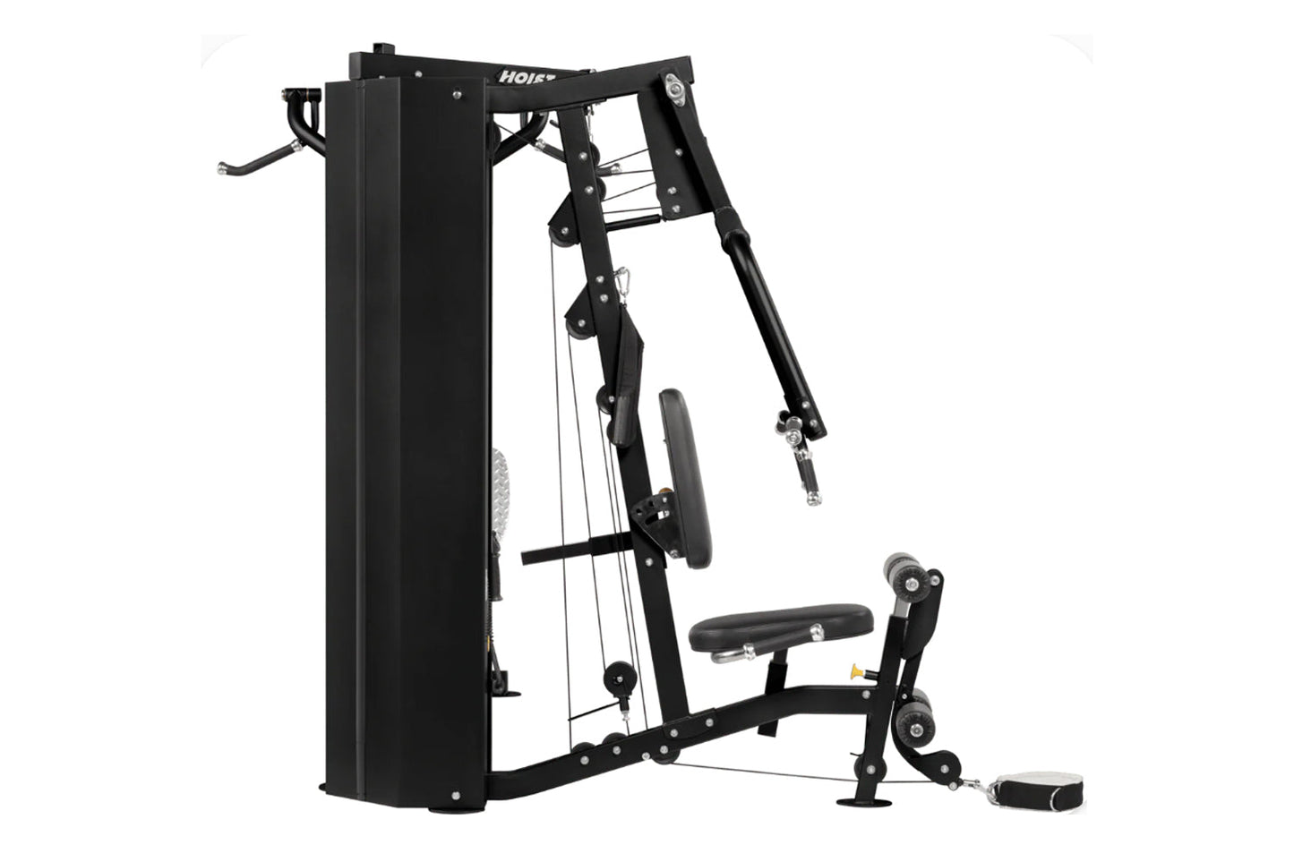 Black Hoist 2-Stack Multi Gym with cable machine, padded seat, and foot platform on white background