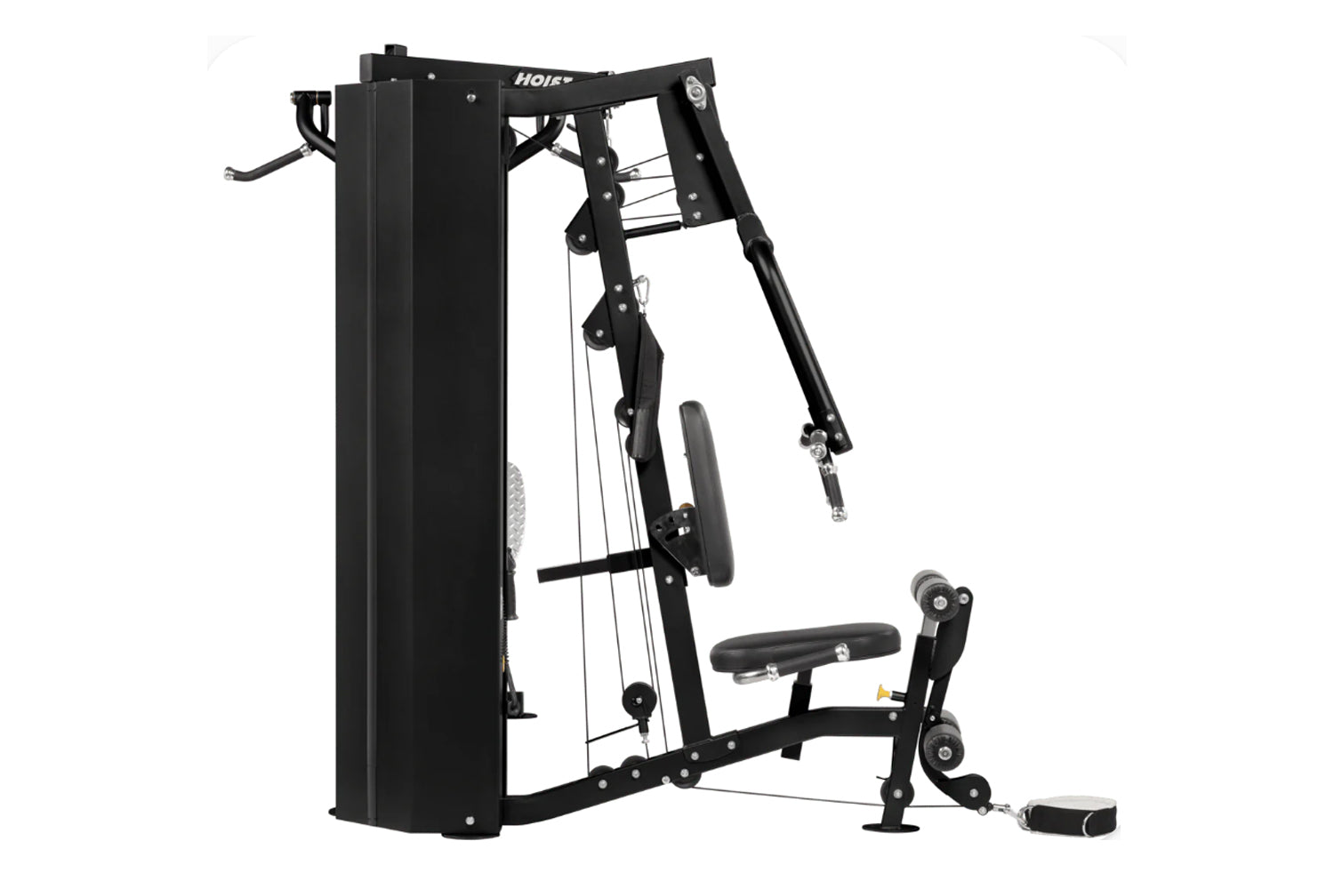 Black Hoist 2-Stack Multi Gym with cable machine, padded seat, and foot platform on white background