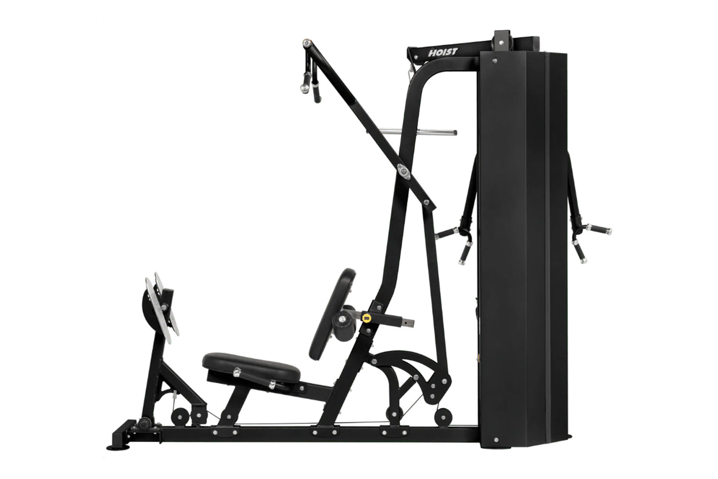 Hoist 2-Stack Multi Gym in black with dual weight stacks, leg press, chest press, and lat pulldown stations on white backgrou