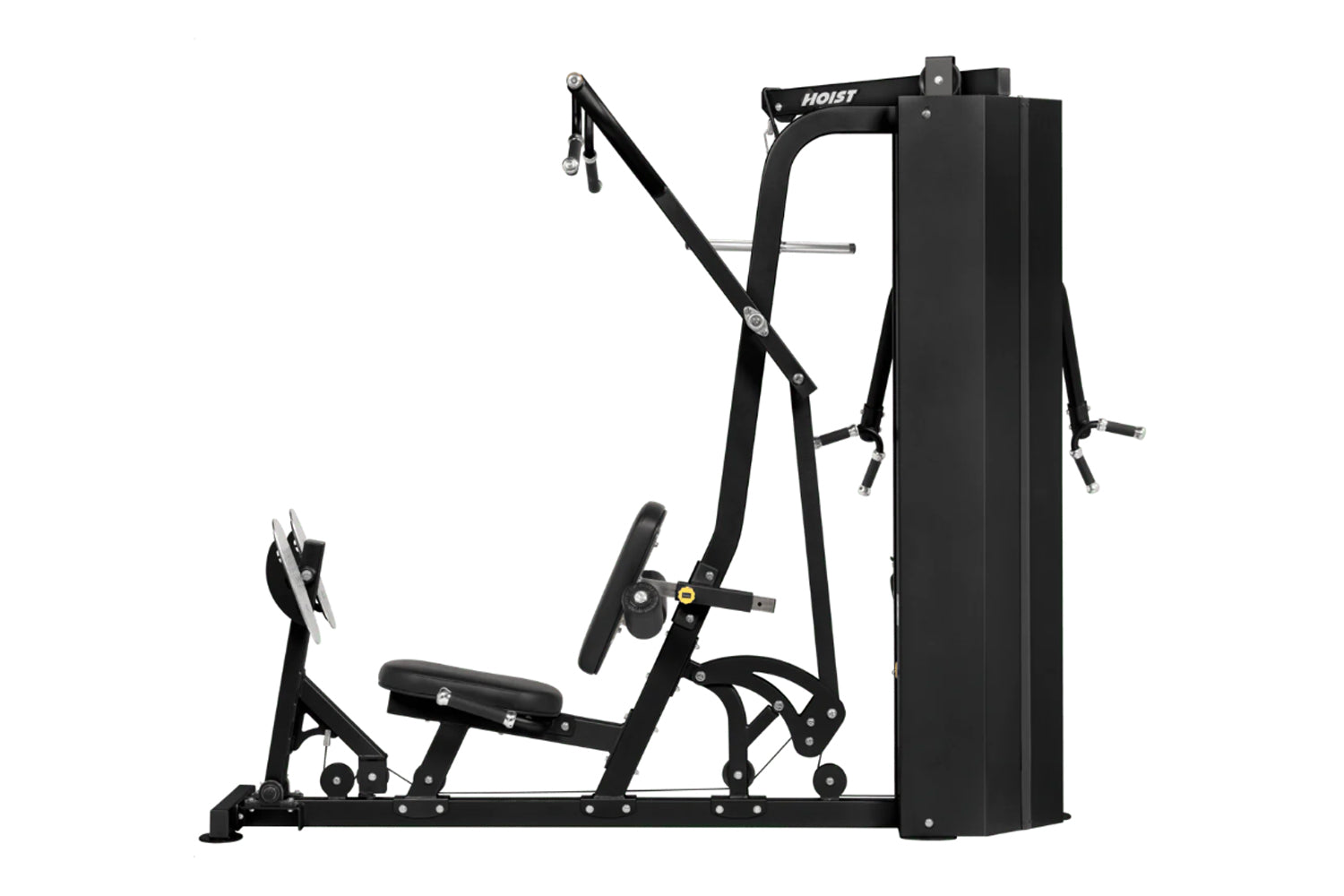 Hoist 2-Stack Multi Gym in black with dual weight stacks, leg press, chest press, and lat pulldown stations on white backgrou