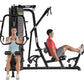 Hoist 2-Stack Multi Gym with woman using chest press station and man using leg press station, black frame on white background