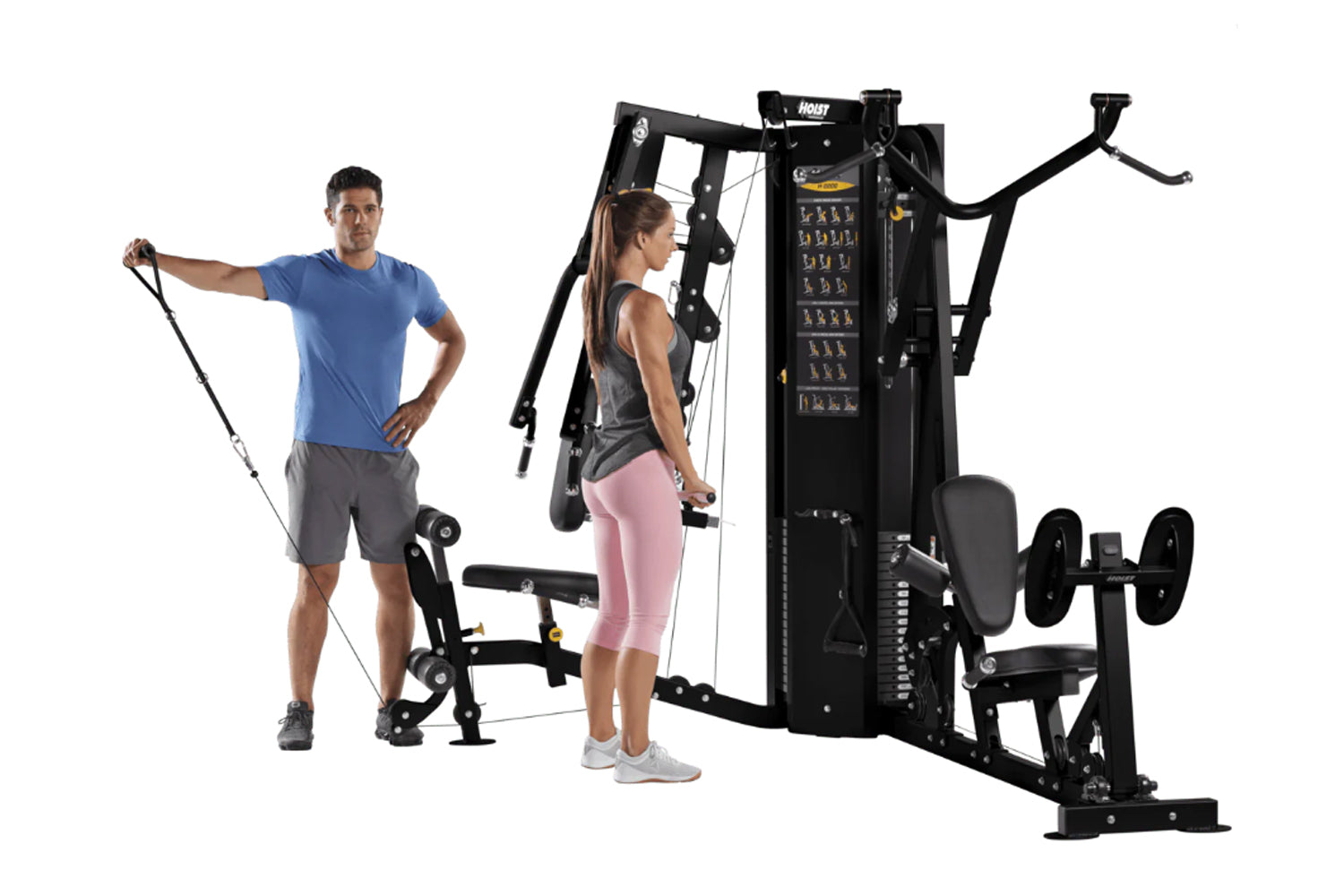 Hoist H2200 black 2-stack multi gym with models demonstrating cable and leg press exercises