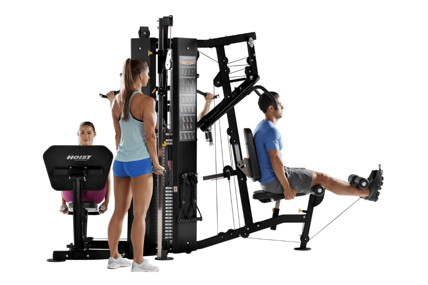 Black Hoist 4-Stack Multi Gym with multiple exercise stations, shown with three models demonstrating different exercises on w