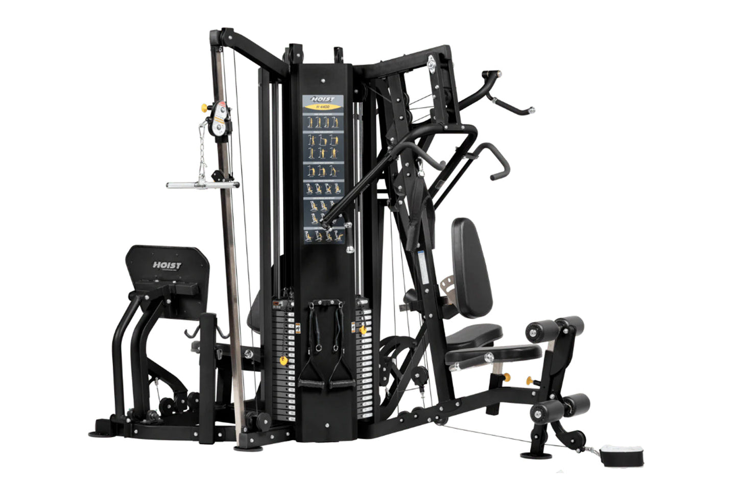 Hoist 4-Stack Multi Gym with black frame, cable pulley system, leg press, and weight stack selector on white background