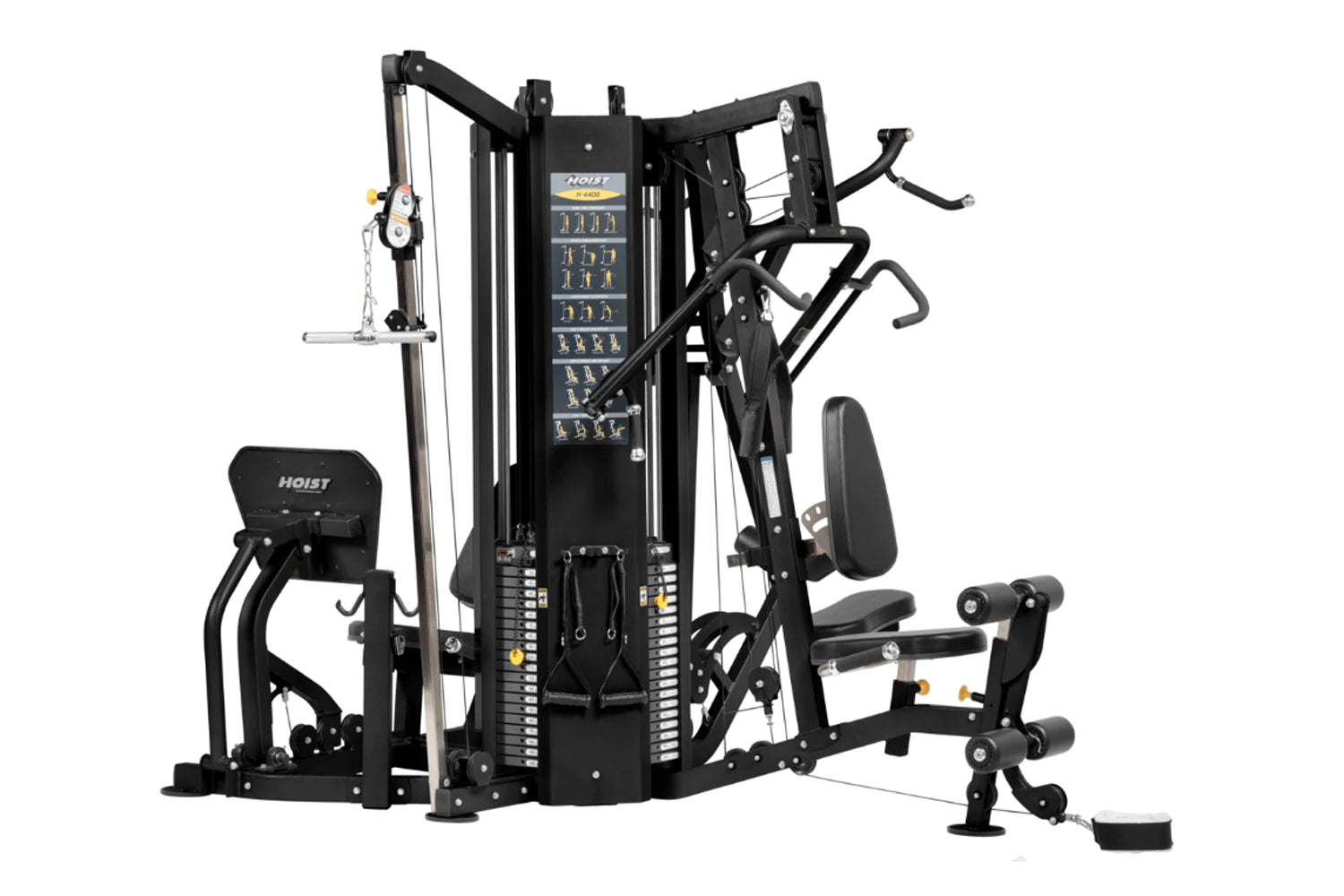 Hoist 4-Stack Multi Gym with black frame, cable pulley system, leg press, and weight stack selector on white background