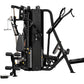 Black multi-station home gym with chest press, leg press, and cable machine attachments on white background