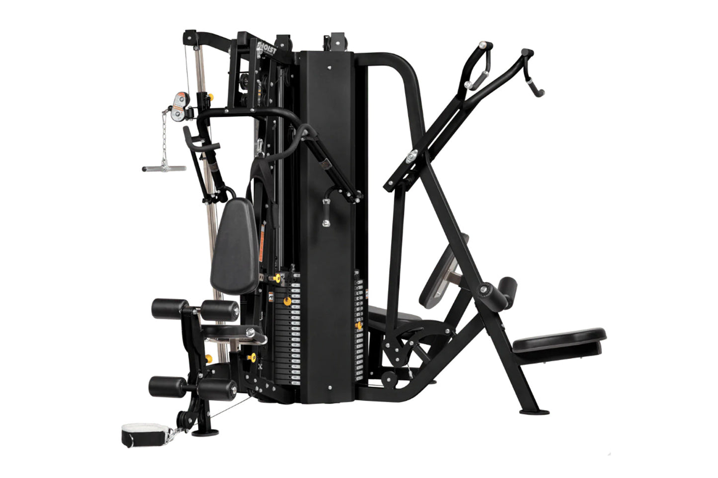 Black multi-station home gym with chest press, leg press, and cable machine attachments on white background