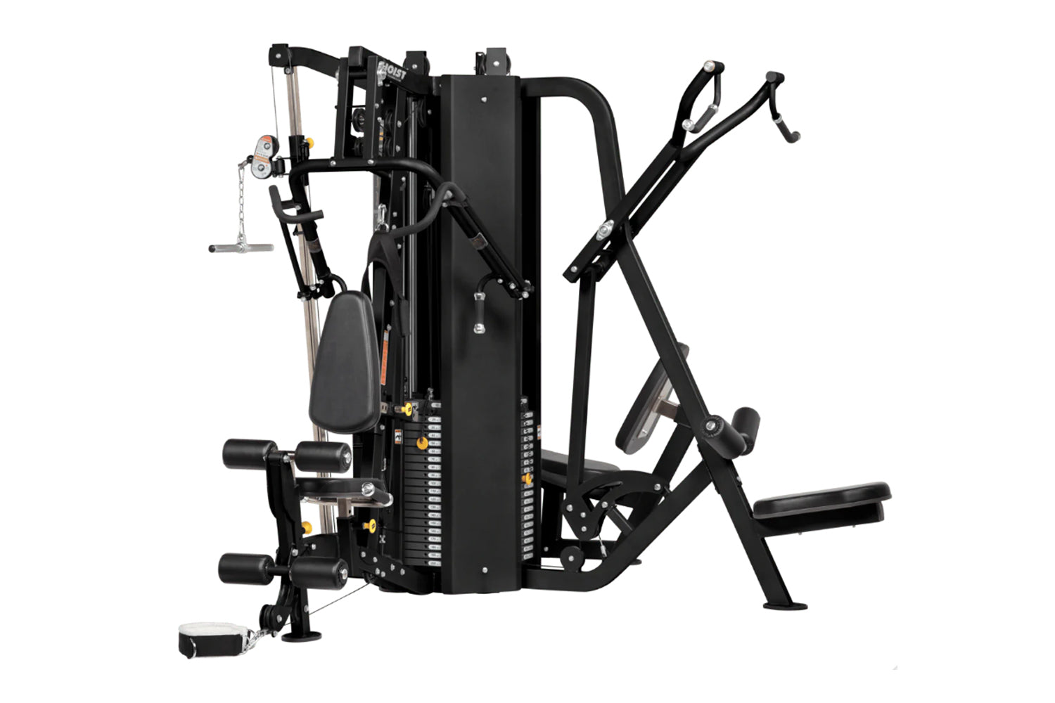 Black multi-station home gym with chest press, leg press, and cable machine attachments on white background
