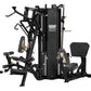 Black Hoist 4-stack multi-gym with exercise bike, leg press, and chest press stations on white background