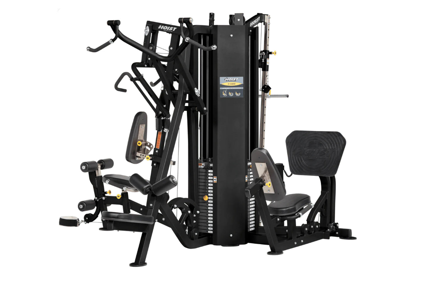Black Hoist 4-stack multi-gym with exercise bike, leg press, and chest press stations on white background