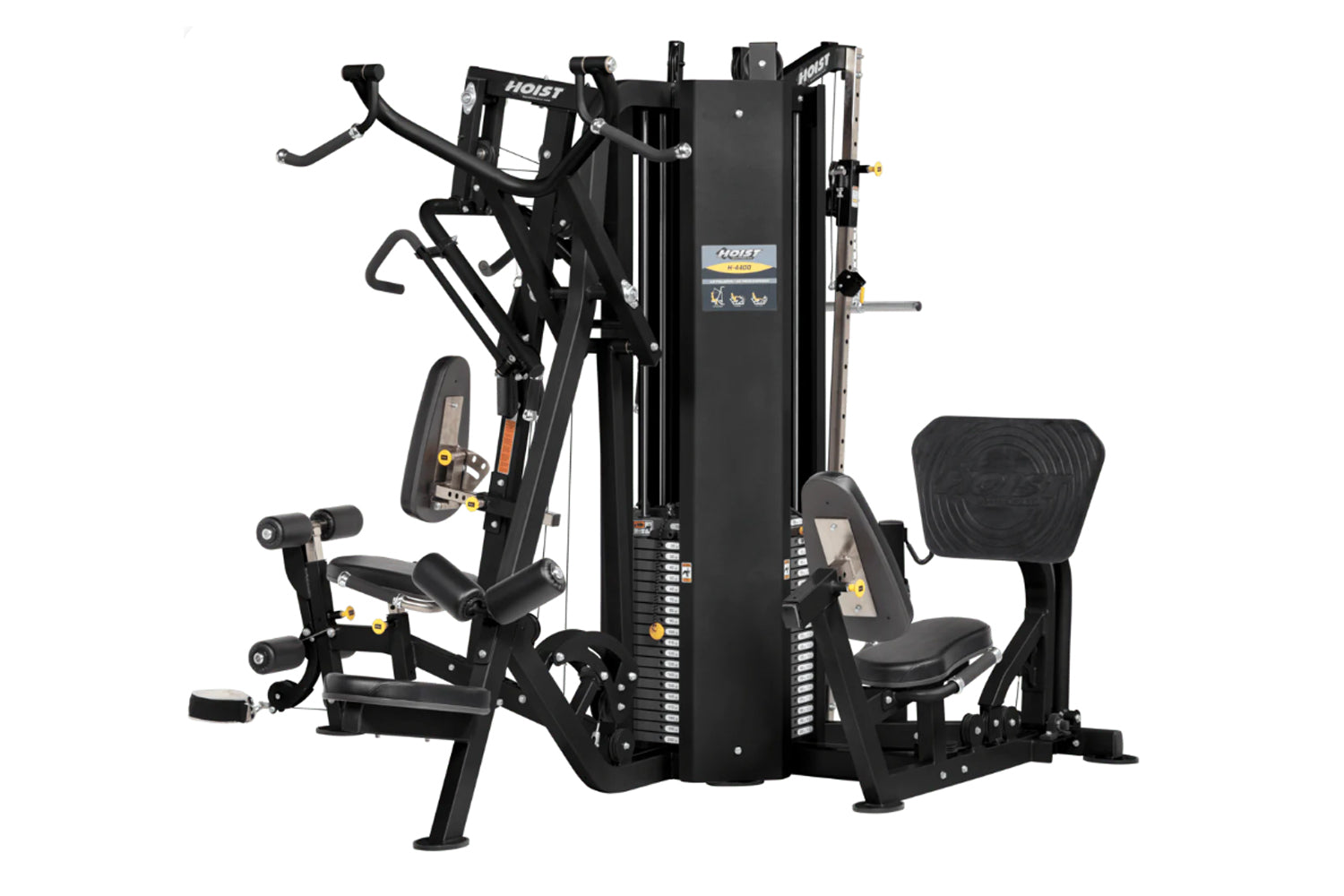 Black Hoist 4-stack multi-gym with exercise bike, leg press, and chest press stations on white background