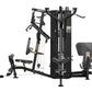Black Hoist 4-Stack Multi Gym with cable machine arms, leg press, chest press, and seated leg curl stations on white backgrou