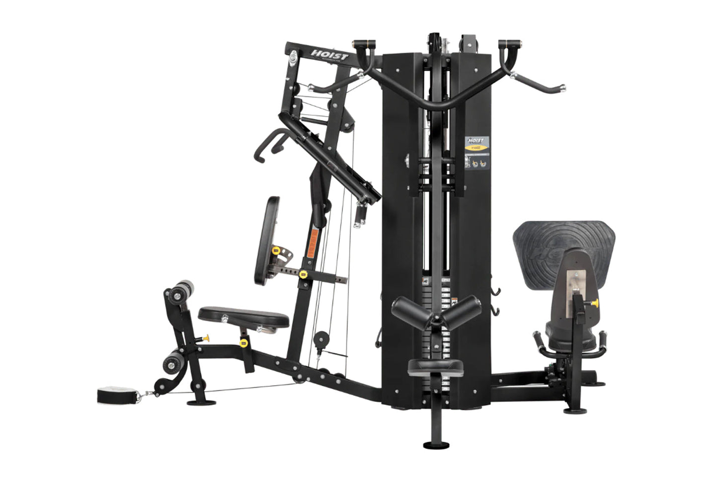 Black Hoist 4-Stack Multi Gym with cable machine arms, leg press, chest press, and seated leg curl stations on white backgrou