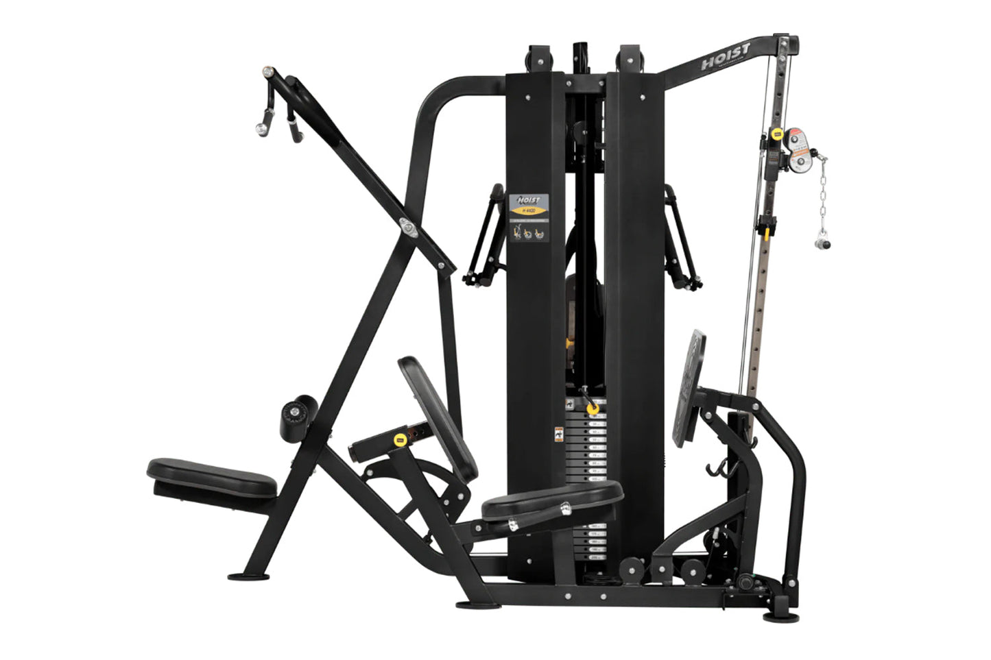 Hoist 4-Stack Multi Gym with black frame, multiple exercise stations including leg press, chest press, and cable machine on w