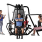 Hoist 4-Stack Multi Gym with black frame and red seat pad, three models demonstrating exercises on white background