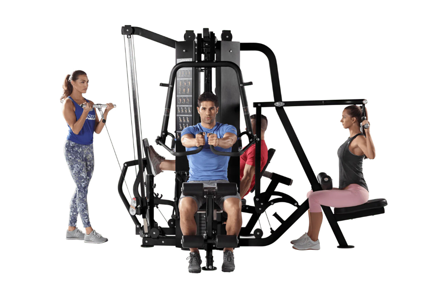 Hoist 4-Stack Multi Gym with black frame and red seat pad, three models demonstrating exercises on white background