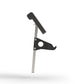 Black and gray preacher curl attachment with padded seat and metal frame on white background