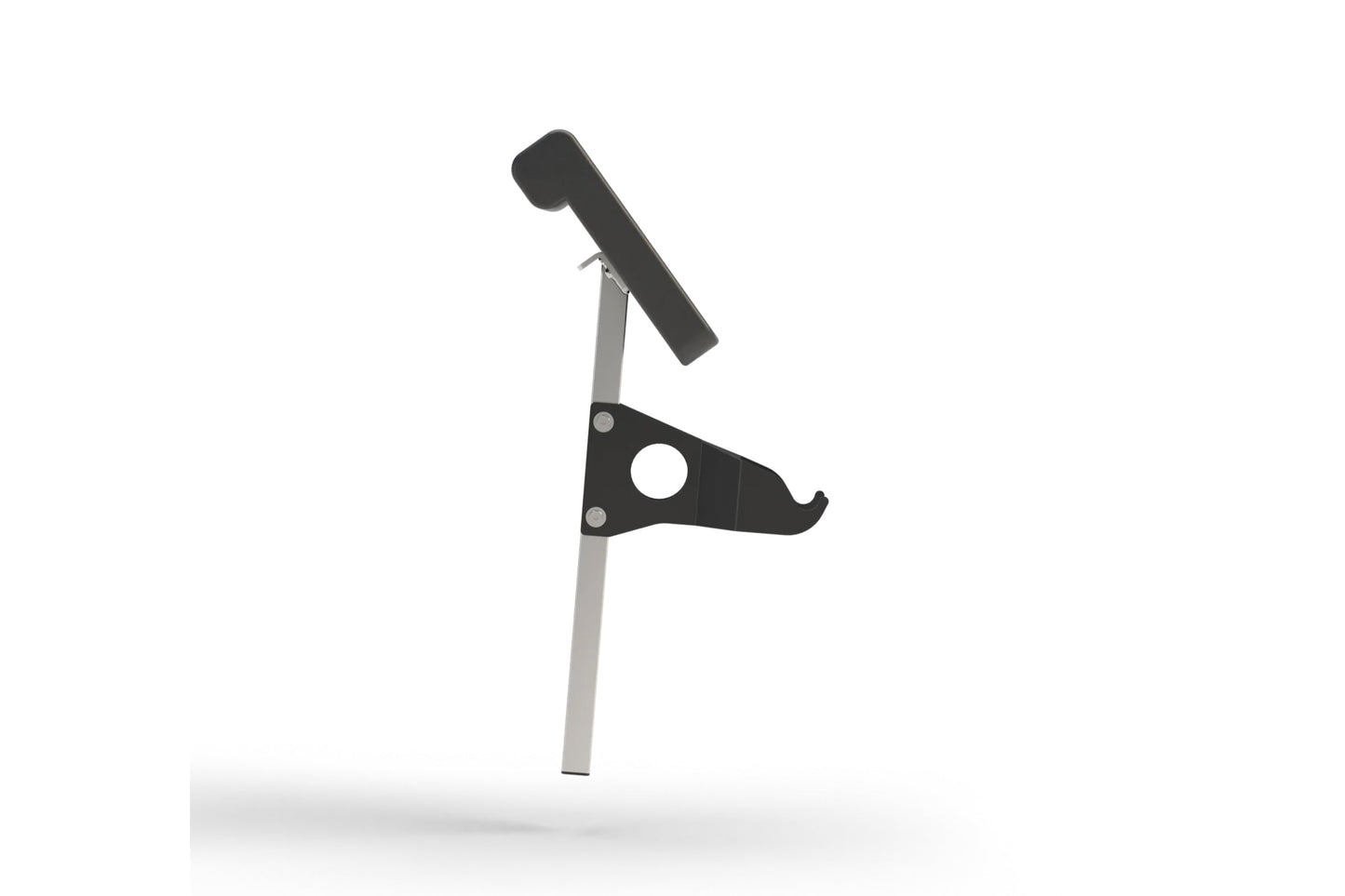 Black and gray preacher curl attachment with padded seat and metal frame on white background