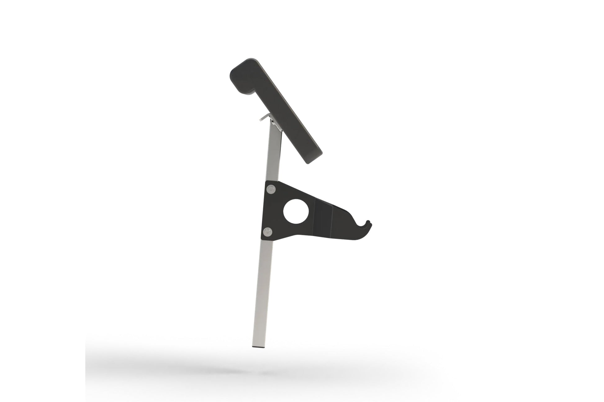 Black and gray preacher curl attachment with padded seat and metal frame on white background