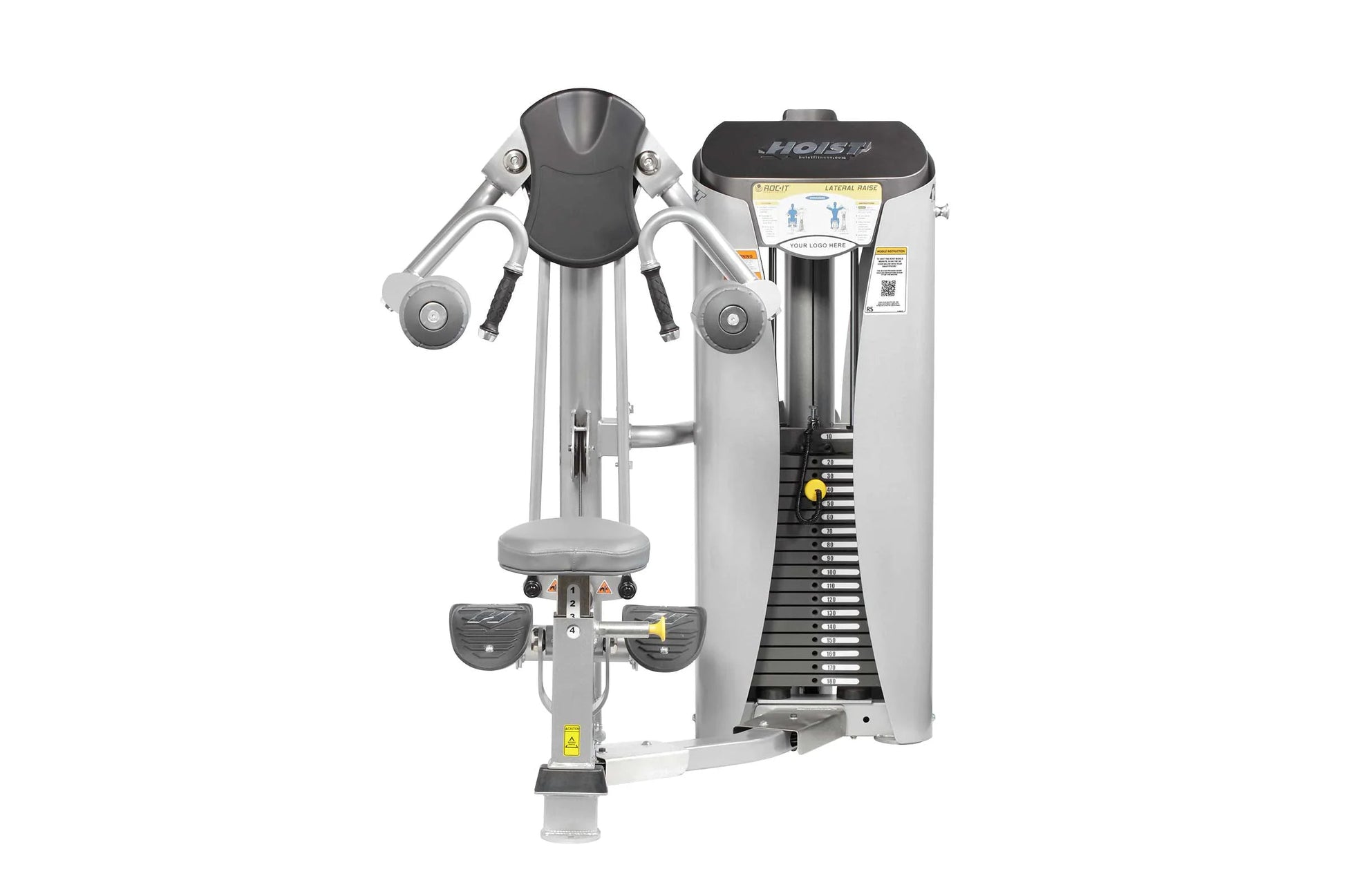 Hoist ROC-IT Lateral Raise Machine with silver frame, black padded seat and armrests, dual weight stacks, on white background