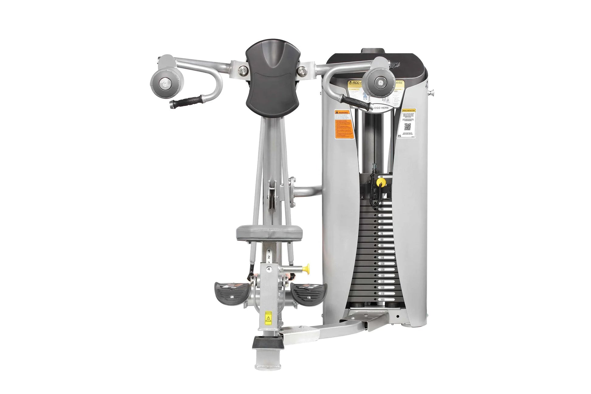 Hoist ROC-IT Lateral Raise Machine with silver frame, black seat, and dual weight stack on white background