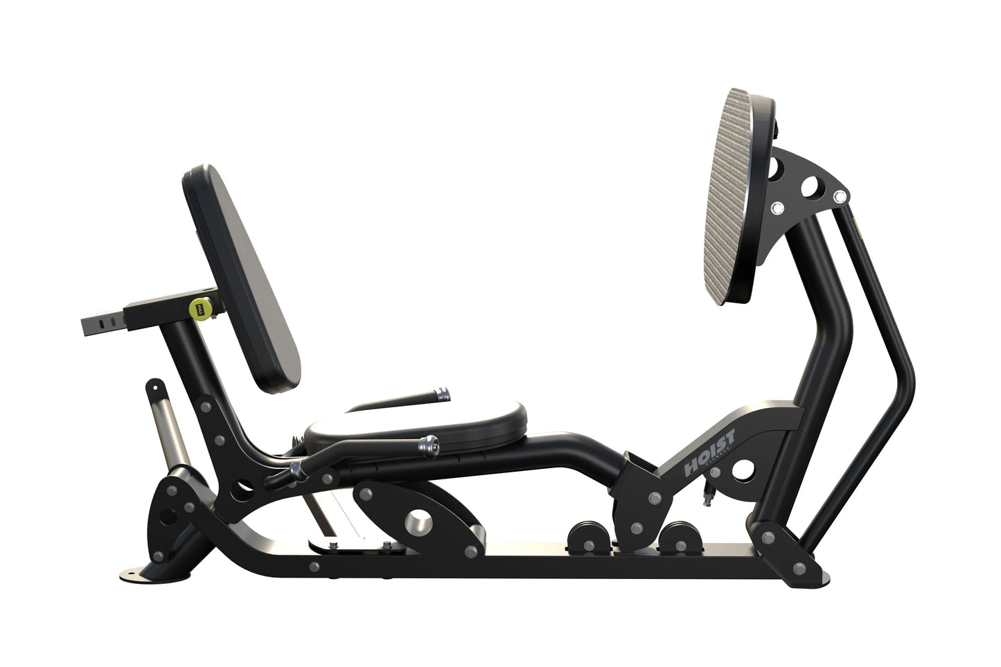 Black and gray recumbent leg press machine with adjustable foot pedals and backrest, shown in side view on white background
