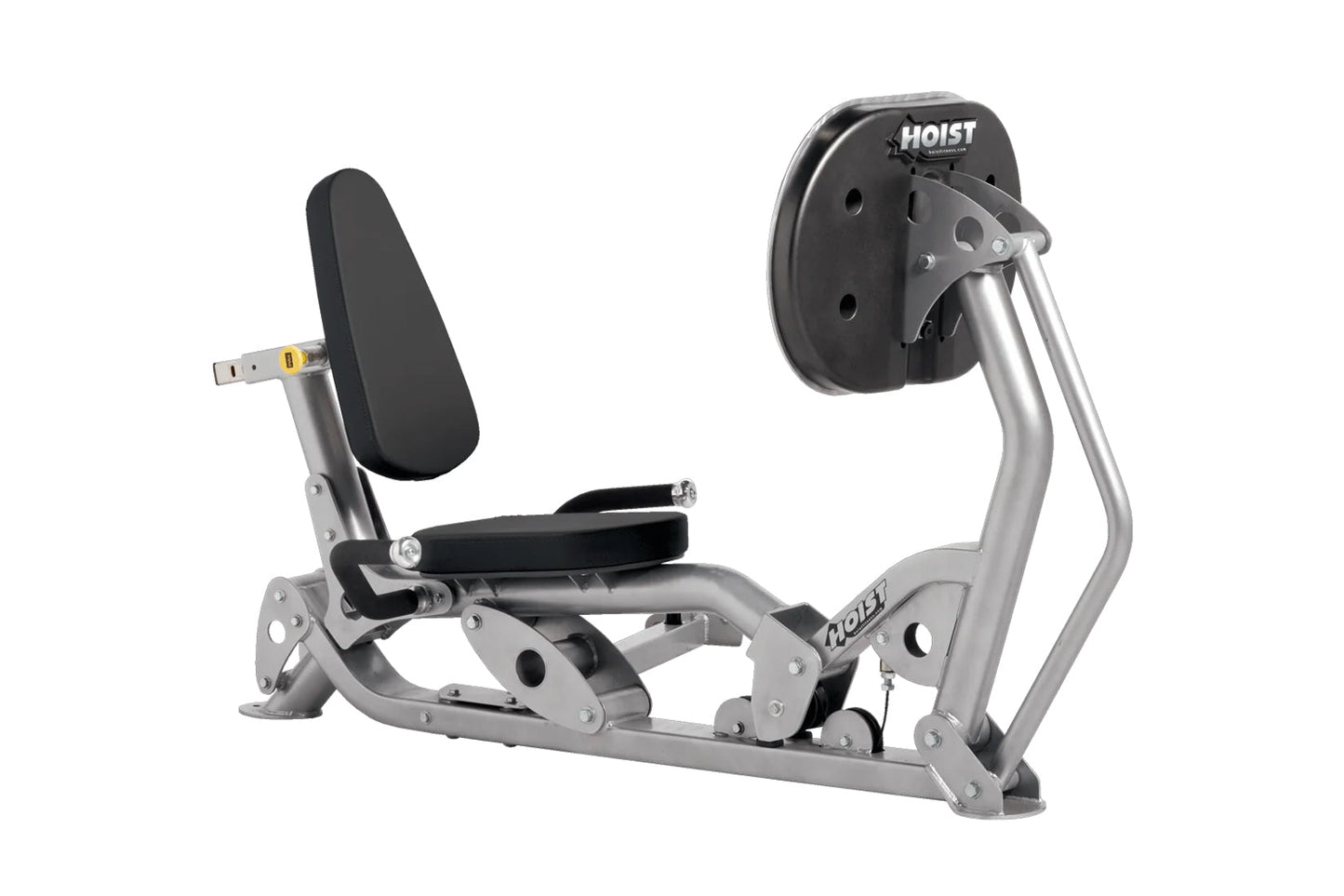Hoist ROC-IT leg press machine with silver frame, black padded seat and backrest, on white background